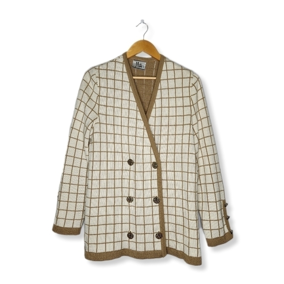 VINTAGE Mita Knit Windowpane Plaid Double Breasted Button Front Cardigan Size 14 - Picture 1 of 10